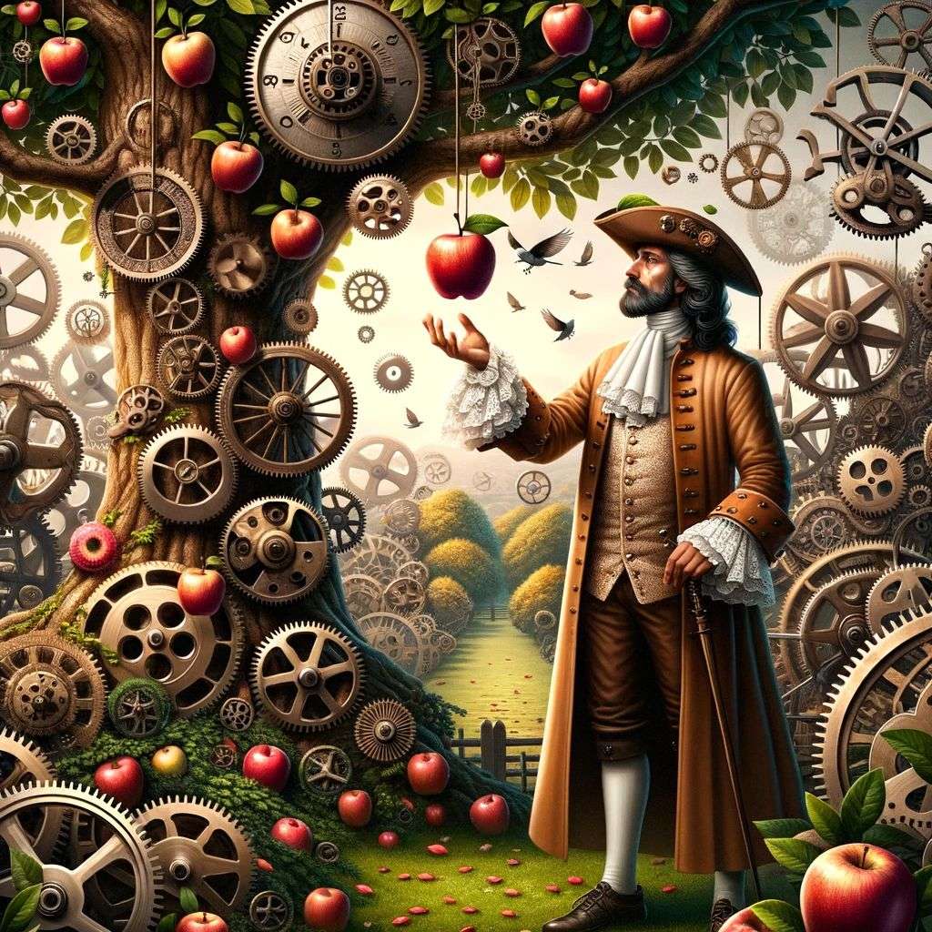 the discovery of gravity, digital art, steampunk